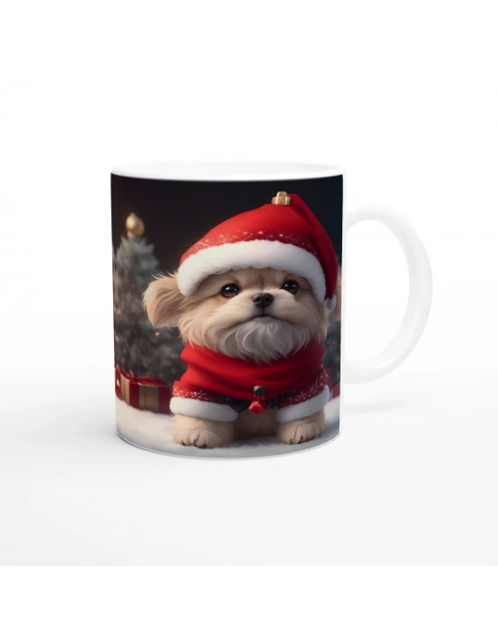 Kırmızı Şapkalı Mini Noel Köpeği Baskılı Kupa Bardak