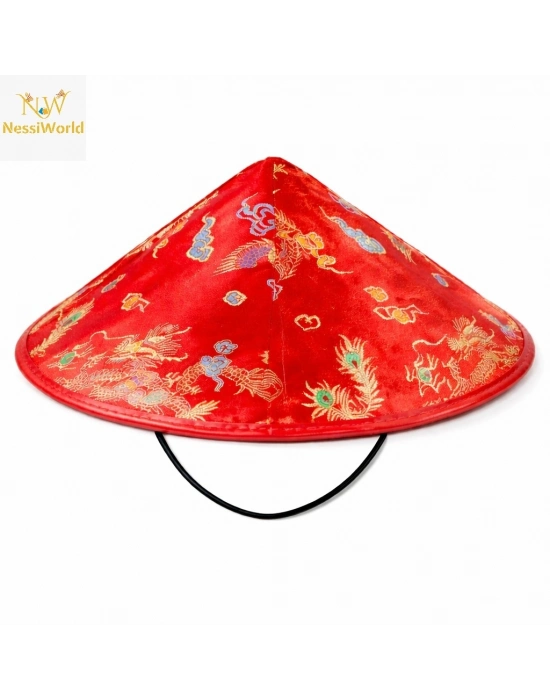 Kırmızı Saten Çin Desenli Dragon İşlemeli Şapka – Lastikli