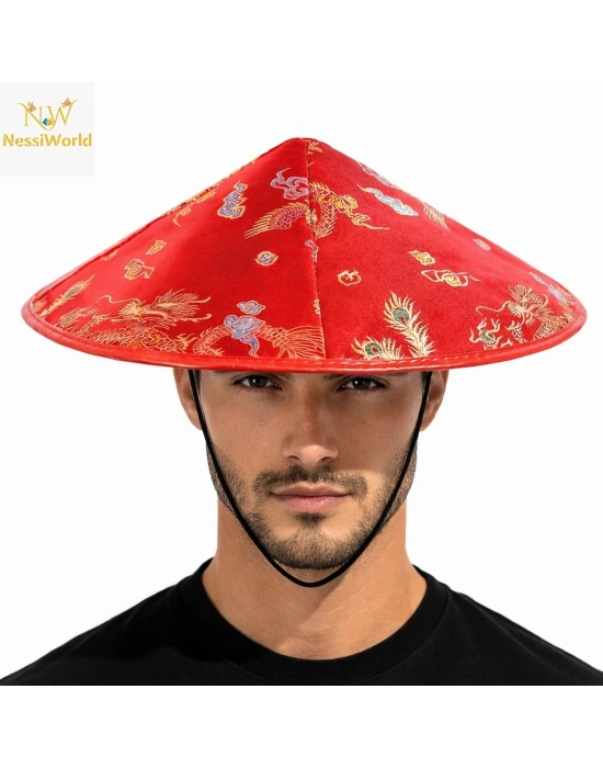 Kırmızı Saten Çin Desenli Dragon İşlemeli Şapka – Lastikli