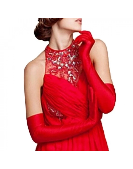 Kırmızı Saten Gece Eldiveni