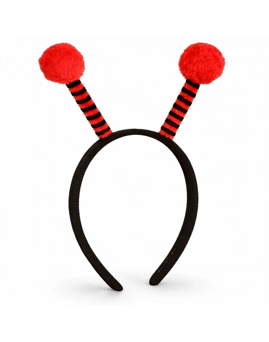 Kırmızı Siyah Uğur Böceği Antenli Taç - Çocuk Uğur Böceği Tacı Mega Ponponlu