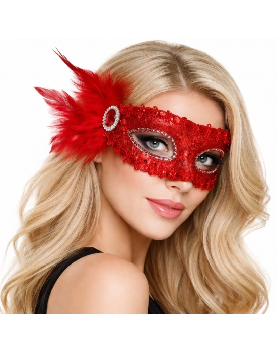 Kırmızı Taşlı Venedik Parti Maskesi – Tüylü Payetli