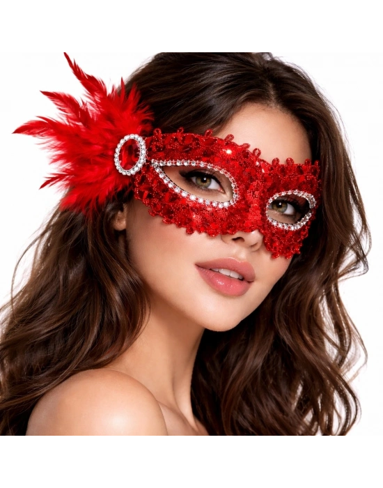 Kırmızı Taşlı Venedik Parti Maskesi – Tüylü Payetli