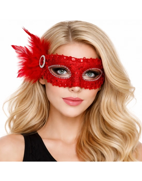 Kırmızı Taşlı Venedik Parti Maskesi – Tüylü Payetli