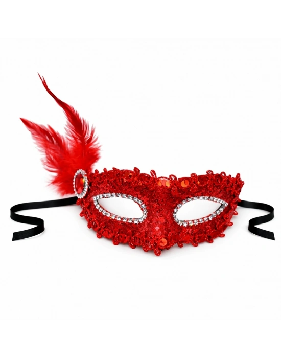 Kırmızı Taşlı Venedik Parti Maskesi – Tüylü Payetli