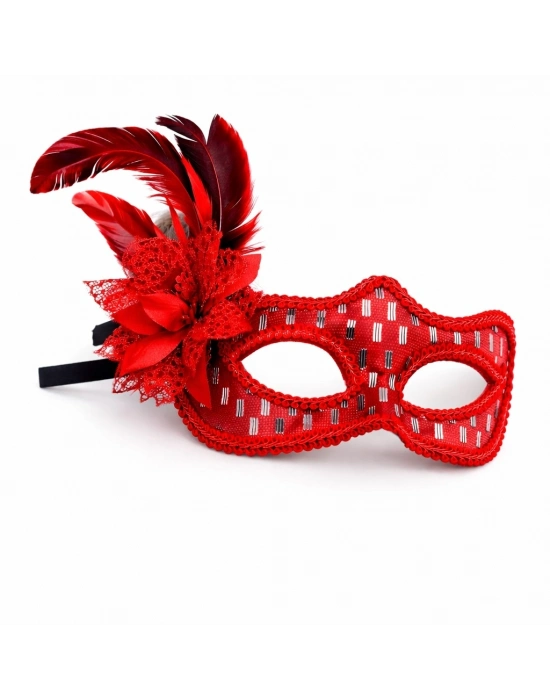 Kırmızı Tüylü Balo Maskesi Kadın Parti Aksesuarı