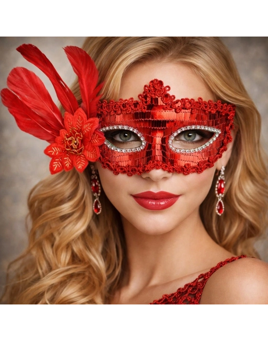 Kırmızı Tüylü Payetli Lüks Taşlı Parti Maskesi