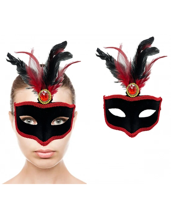 Kırmızı Tüylü Siyah Süet Kaplama Parti Maskesi