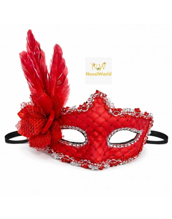 Kırmızı Tüylü Venedik Lüks Balo Maskesi