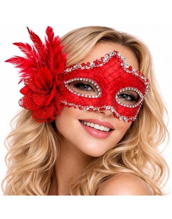 Kırmızı Tüylü Venedik Lüks Balo Maskesi