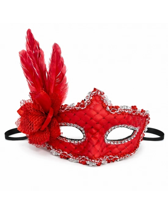 ® Kırmızı Tüylü Venedik Lüks Balo Maskesi