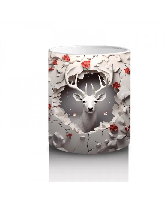 Kırmızı Yapraklarla Sarılmış Gotik Geyik İllüstrasyonu - Baskılı kahve kupası
