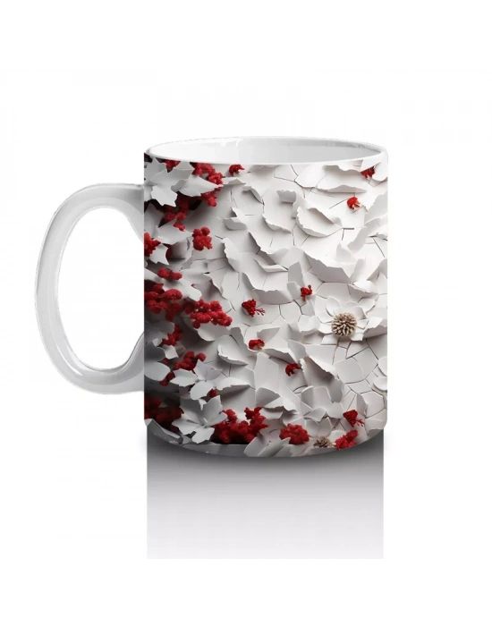 Kırmızı Yapraklı Çiçek Duvarı Önünde Gotik Geyik Figürü - Baskılı kahve kupası