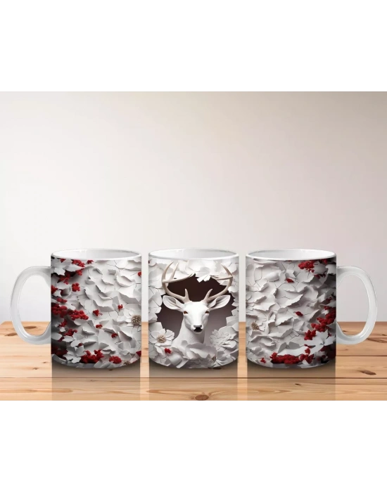 Kırmızı Yapraklı Çiçek Duvarı Önünde Gotik Geyik Figürü - Baskılı kahve kupası