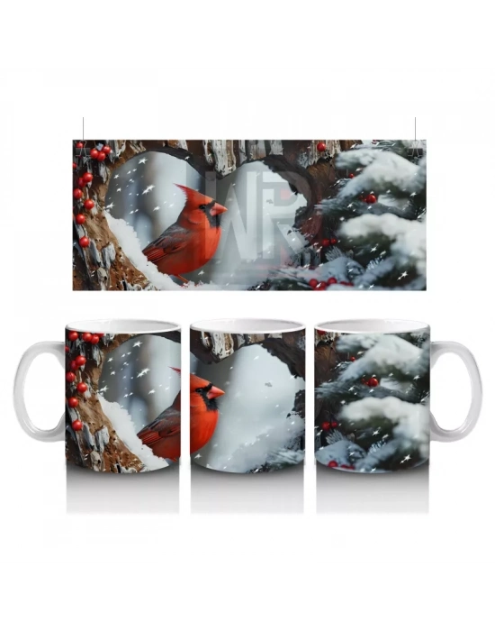 Kış Mevsiminde Dallarda Kırmızı Kardinal Kuşu – Baskılı Kahve Kupası