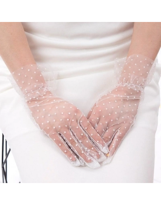 Kısa Boy Güpürlü Beyaz Puantiyeli Tül Eldiven