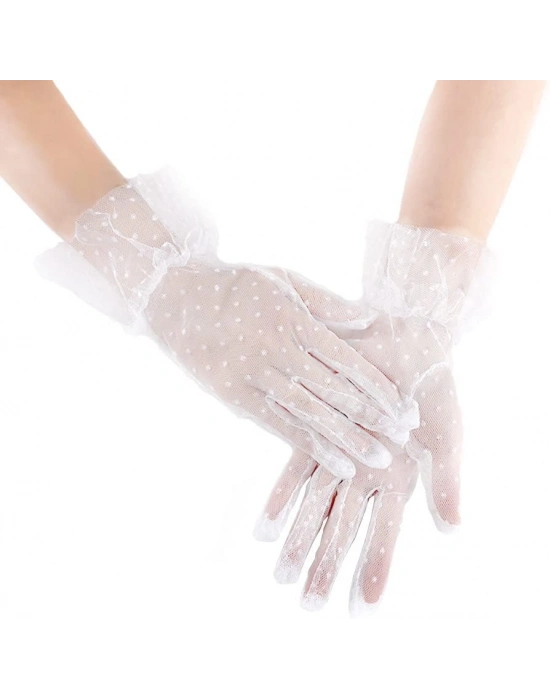 Kısa Boy Güpürlü Beyaz Puantiyeli Tül Eldiven