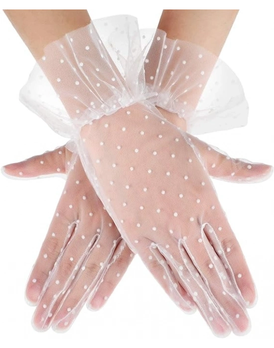 Kısa Boy Güpürlü Beyaz Puantiyeli Tül Eldiven