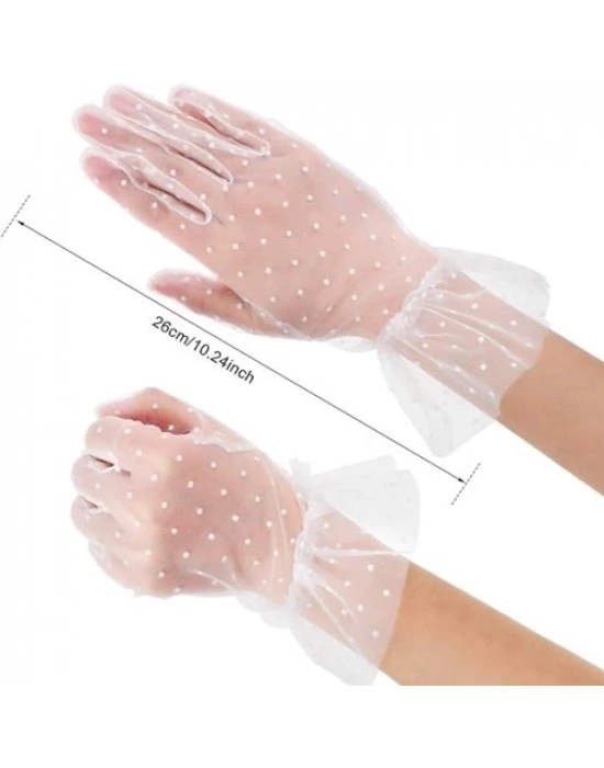 Kısa Boy Güpürlü Beyaz Puantiyeli Tül Eldiven