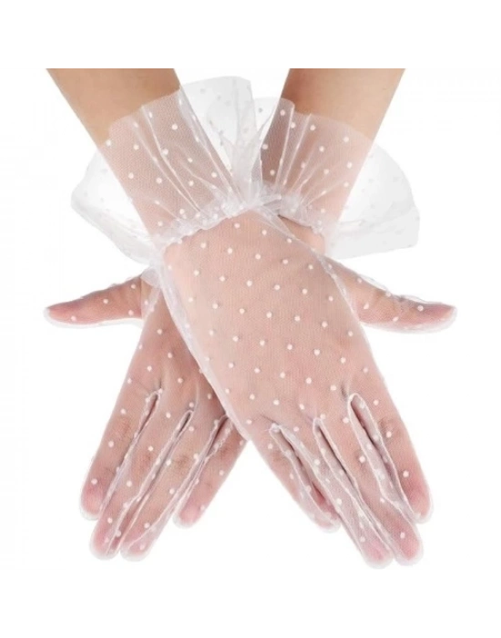 Kısa Boy Güpürlü Beyaz Puantiyeli Tül Eldiven