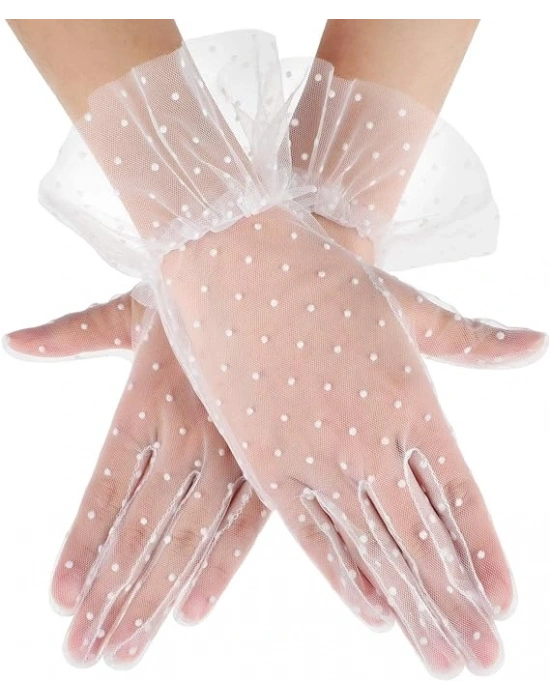 Kısa Boy Güpürlü Beyaz Puantiyeli Tül Eldiven Beyaz Renk