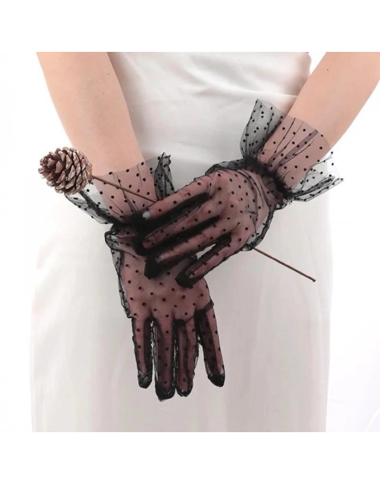 Kısa Boy Güpürlü Siyah Puantiyeli Tül Eldiven Siyah Renk