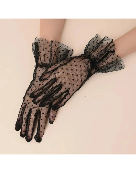 Kısa Boy Güpürlü Siyah Puantiyeli Tül Eldiven Siyah Renk