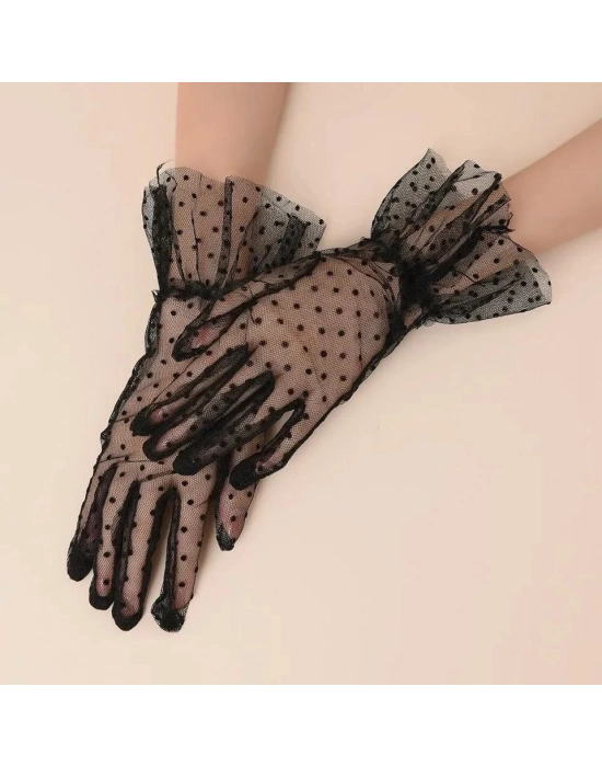 Kısa Boy Güpürlü Siyah Puantiyeli Tül Eldiven Siyah Renk