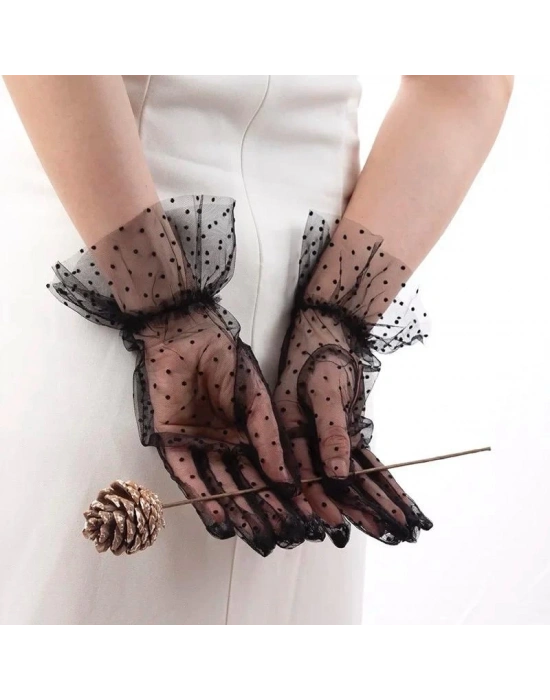 Kısa Boy Güpürlü Siyah Puantiyeli Tül Eldiven Siyah Renk