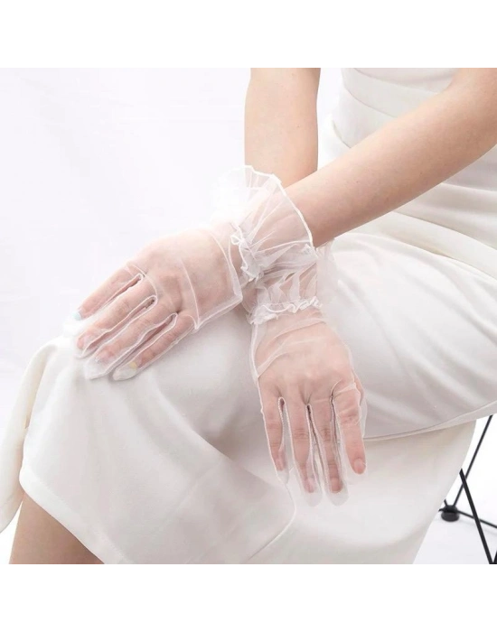 Kısa Boy Likralı Güpürlü Yetişkin Tül Eldiven