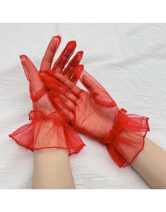 Kısa Boy Likralı Güpürlü Yetişkin Tül Eldiven Kırmızı Renk