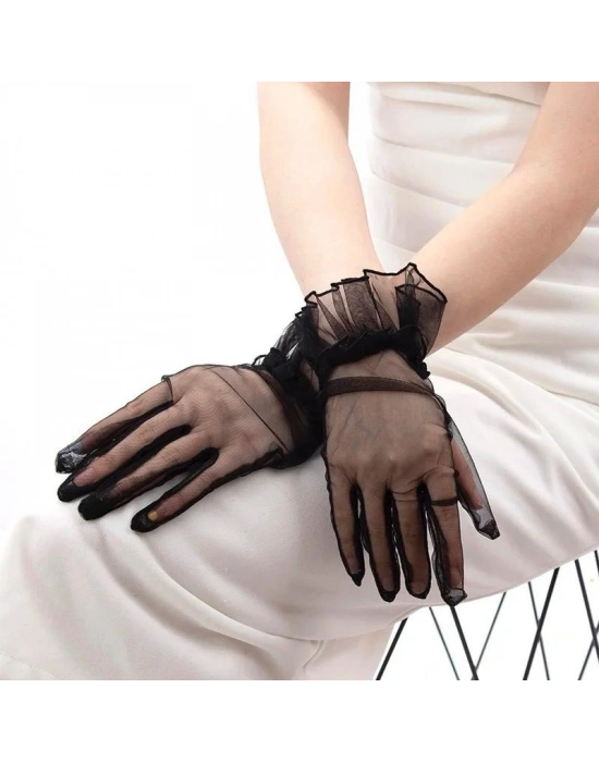 Kısa Boy Likralı Güpürlü Yetişkin Tül Eldiven Siyah Renk