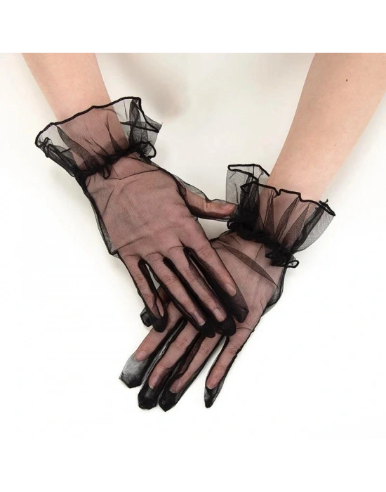 Kısa Boy Likralı Güpürlü Yetişkin Tül Eldiven Siyah Renk