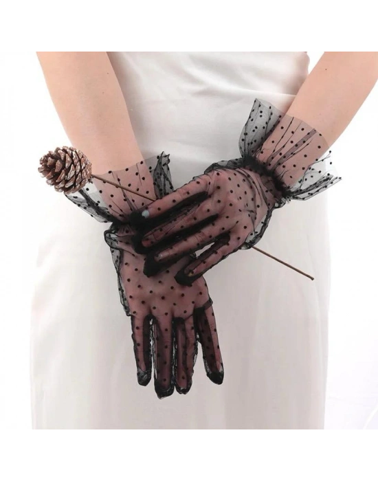 Kısa Güpürlü Siyah Puantiyeli Tül Eldiven