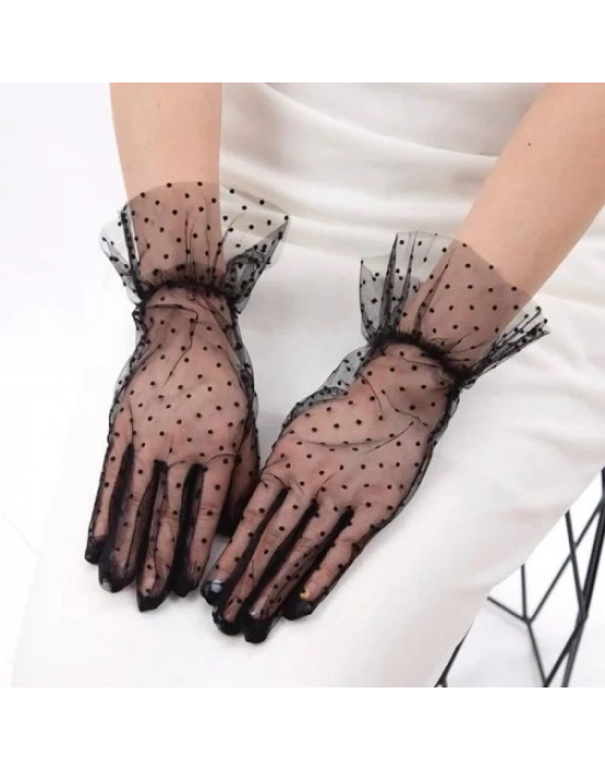 Kısa Güpürlü Siyah Puantiyeli Tül Eldiven
