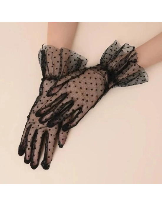 Kısa Güpürlü Siyah Puantiyeli Tül Eldiven