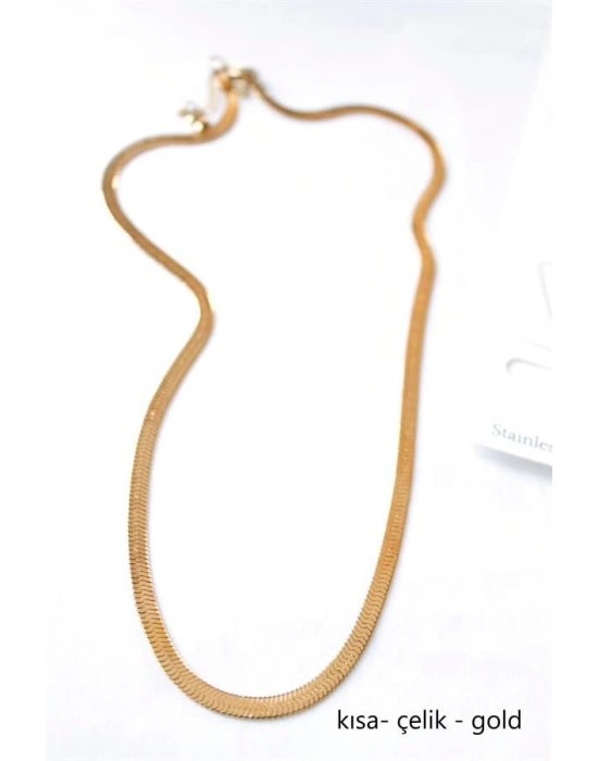 Kısa İtalyan Çelik Kolye-45 CM - Altın