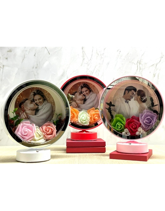 Kişiye Özel Gül Desenli Fotoğraf Alanlı Ledli Çerçeve