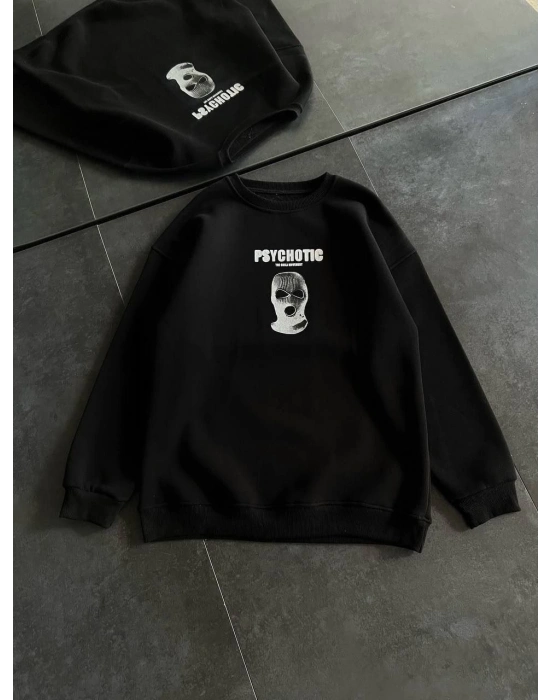 Kışlık Bisiklet Yaka Baskılı SweatShirt - Siyah