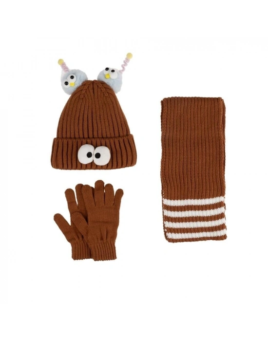 Kitti Çocuk Kız Atkı Bere Eldiven Takım (4-8 Yaş) K24170-09 Kahverengi