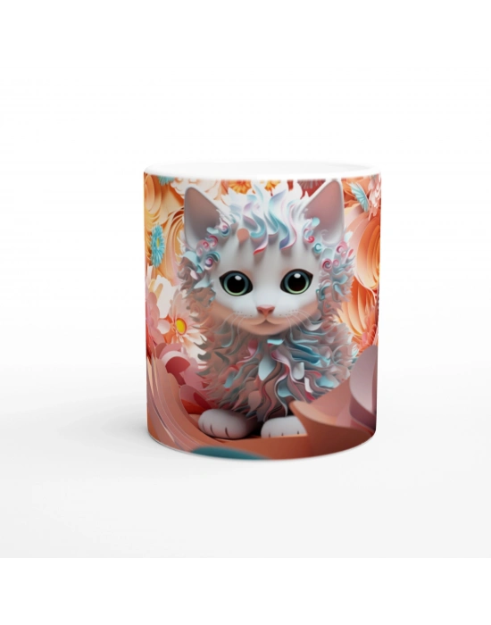 Kıvırcık Tüylü Sevimli Kedi ve Renkli Çiçekler Baskılı Kupa Bardak
