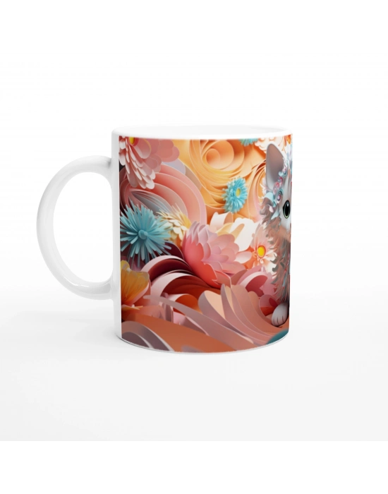 Kıvırcık Tüylü Sevimli Kedi ve Renkli Çiçekler Baskılı Kupa Bardak