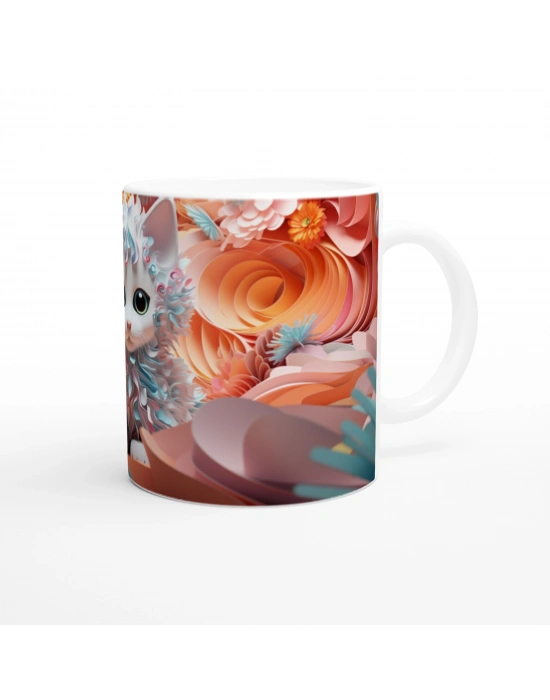 Kıvırcık Tüylü Sevimli Kedi ve Renkli Çiçekler Baskılı Kupa Bardak