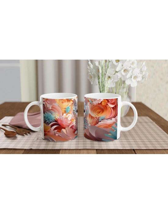 Kıvırcık Tüylü Sevimli Kedi ve Renkli Çiçekler Baskılı Kupa Bardak