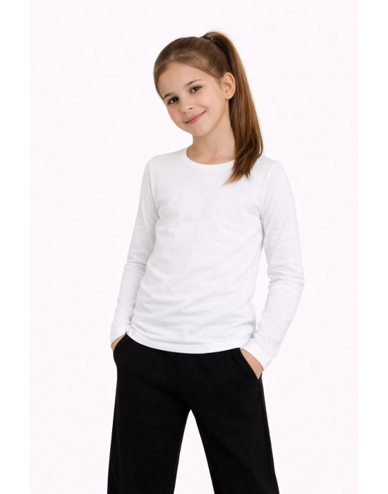 Kız Çocuk Basic Uzun Kollu Tişört Okul Günlük Rahat T-Shirt - Beyaz