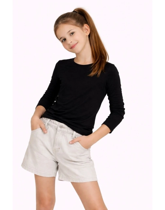 Kız Çocuk Basic Uzun Kollu Tişört Okul Günlük Rahat T-Shirt - Siyah