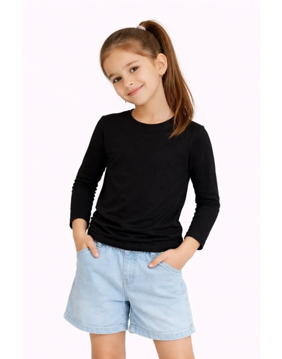 Kız Çocuk Basic Uzun Kollu Tişört Okul Günlük Rahat T-Shirt - Siyah