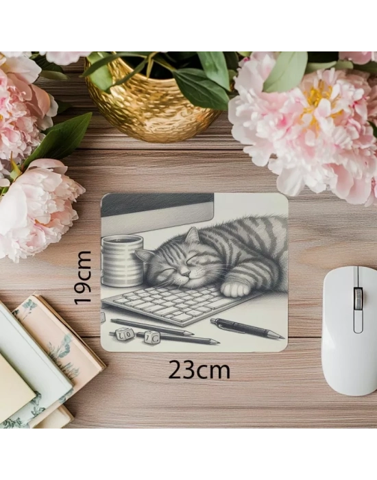 Klavye Üstünde Uyuyan Kedi Çizimli Mouse Pad - 19x23 cm 2 mm Dikdörtgen İthal Baskılı Mouse Pad
