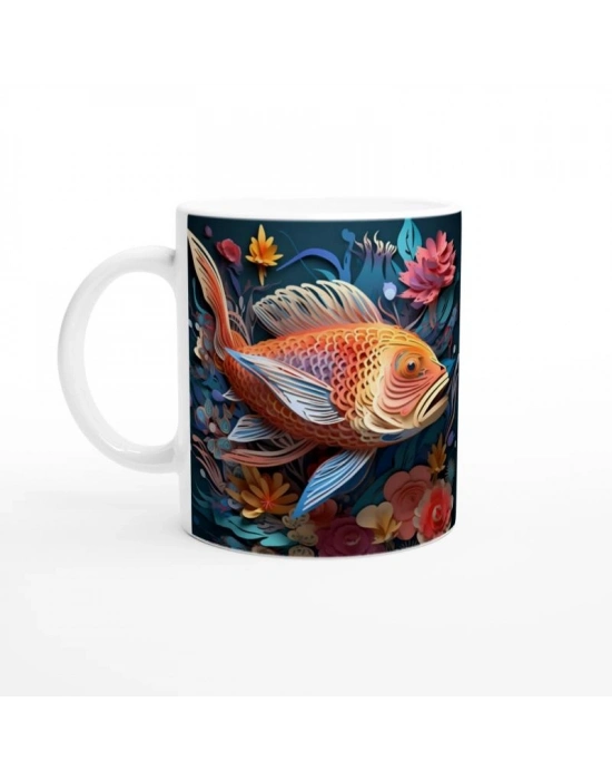 Koi Balığı ve Çiçek Desenli Baskılı Kupa Bardak