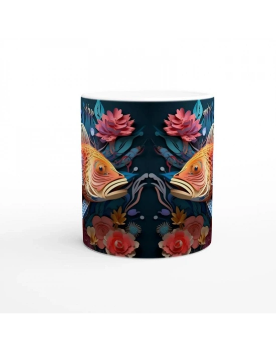 Koi Balığı ve Çiçek Desenli Baskılı Kupa Bardak